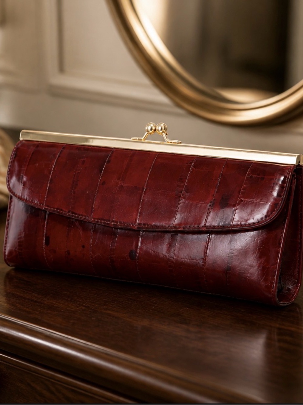 Vintage Mundi burgundy genuine Eel Skin classic clutch Wallet